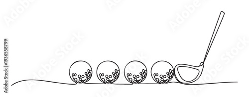 A minimalist one line drawing of golf balls lined up with a golf club ready to strike, perfect for sports event invitations or golf course branding.
