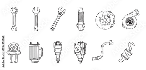 Comprehensive collection of essential automotive tools and spare vehicle parts perfect for mechanical repair service promotions or educational materials on car maintenance