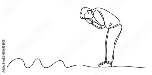 A single line drawing illustrating a man standing and bowing his head in despair, shame, or apology, useful for depicting emotional struggle, stress, mental health issues, or concepts of