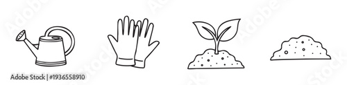 Gardening supplies for planting and plant care, featuring a watering can, protective gloves, a young green sprout in soil, and a mound of earth, for illustrating garden activities and