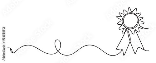 Minimalist continuous line drawing of an award ribbon badge with a rosette and flowing ribbons, perfect for symbolizing achievement, recognition, and success in certificates, presentations,