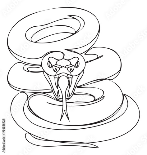 Dynamic continuous line drawing of a venomous snake with open mouth and fangs, ideal for various print materials, educational resources, reptile themed merchandise, and graphic projects.
