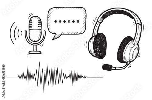 Audio communication elements including a vintage microphone, a speech bubble, and a headset with a sound wave for podcasting, broadcasting, or customer support applications