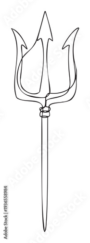 Simple minimalist one line drawing of a majestic trident weapon often associated with mythological sea gods and powerful divine beings for various maritime themed projects and aquatic