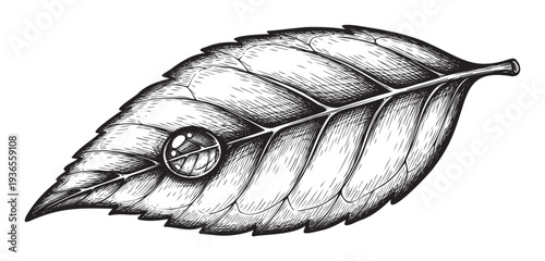 Classic hand drawn ink style illustration of a fresh green leaf with a single dew drop, perfect for natural health organic product packaging or eco friendly branding materials.