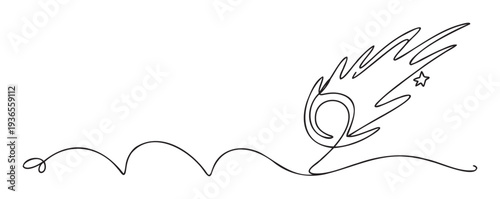 Abstract continuous line drawing illustrating a celestial comet moving across the sky with a small star within its fiery tail, ideal for inspiring digital backgrounds, simple logos, or