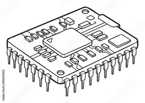 Isometric line drawing of an electronic microchip with multiple pins and surface mount components, perfect for educational materials or technologyrelated industrial designs