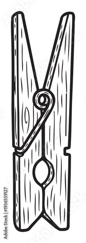 A classic wooden clothespin with a metal spring mechanism depicted in a graphic black and white drawing style useful for crafting projects, household themes, or laundry related content