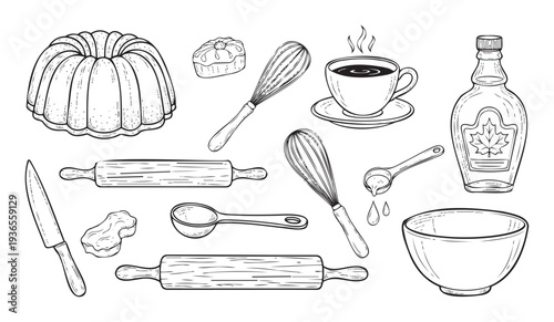 Detailed black and white sketch of essential baking and cooking tools and dessert items such as cake rolling pins and coffee mug ideal for recipe books culinary blogs or restaurant branding
