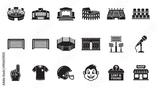 Essential collection of black silhouette icons depicting sports venues, concert stages, athletic equipment, fan accessories, and event facilities for modern digital interfaces and graphic
