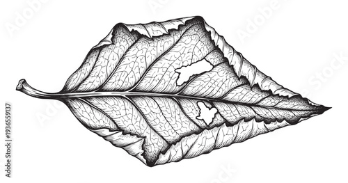Detailed botanical drawing in black and white featuring a damaged and textured leaf with intricate veins and a worn appearance ideal for natural themes or organic design projects.