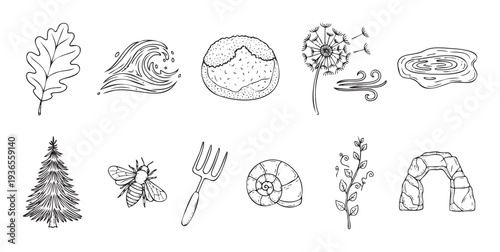 Detailed line drawings depicting diverse natural and gardening themes including plants, animals, and landscapes, suitable for educational resources, creative DIY projects, or rustic themed