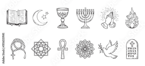 Various religious and spiritual symbols representing diverse faiths and ancient beliefs for educational materials, cultural presentations, and graphic design projects