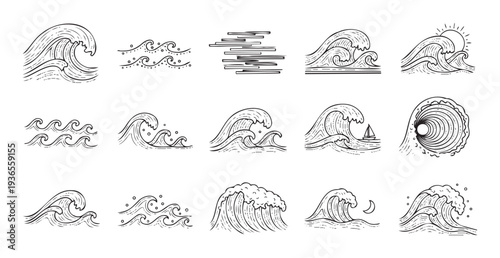 Hand drawn ocean wave collection in diverse styles including crashing surf ripples a boat at sea sun moon motifs suitable for marine themes travel projects and nautical branding