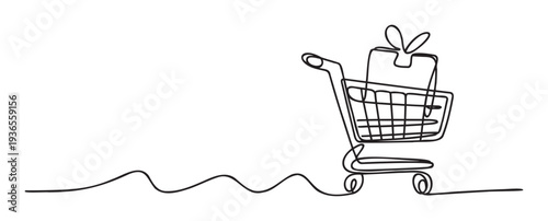 One continuous line drawing of a shopping cart with a gift box representing an online purchasing journey and convenient delivery, suitable for business promotions or holiday sales.