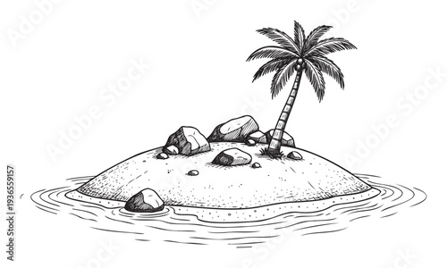 Hand drawn desert island with a single palm tree and rocks surrounded by ocean waves, perfect for travel promotions, vacation advertisements, or tropical themed projects.