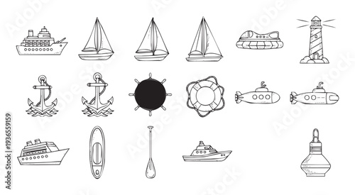 Variety of hand drawn nautical objects and sea travel vessels, depicting cruise ships, sailboats, anchors, and a lighthouse, perfect for maritime adventure branding or educational content.