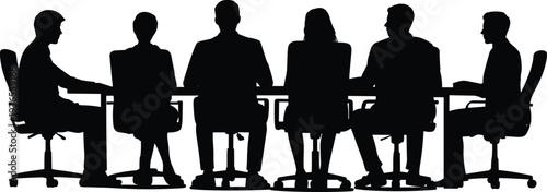 Business team meeting silhouettes at conference table, corporate boardroom discussion l office teamwork planning strategy management concept illustration