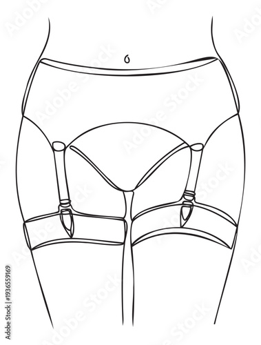Minimalist one line drawing of a womans lower body wearing a garter belt and stockings, perfect for intimate apparel advertisements, fashion design inspiration, or sensual lifestyle content