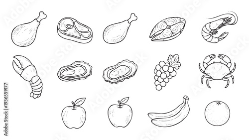 Assortment of hand drawn line art food items including chicken meat fish shrimp oysters grapes apples bananas and orange perfect for restaurant menus or healthy lifestyle blogs