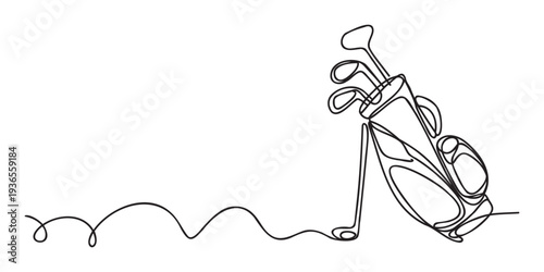 Dynamic outline of golf equipment with clubs stored inside a bag, forming a continuous line ideal for sports club promotions or elegant event branding.