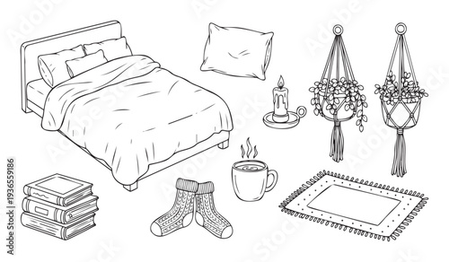 Essential elements for creating a cozy and comfortable home environment, showcasing a bed, pillows, candle, macrame plants, books, socks, mug, and rug for lifestyle content.