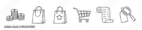 Hand drawn doodle style shopping and finance icons featuring money coins, retail bags, a shopping cart, transaction receipt, and price tag search for ecommerce and business marketing.