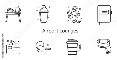 Essential airport lounge symbols depicting amenities and services perfect for travel agencies websites blogs and informational guides about premium waiting areas