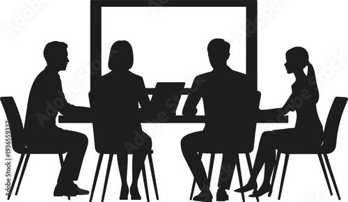 Business team meeting with laptop silhouette, corporate office discussion collaboration,  planning strategy, workplace conference communication concept illustration