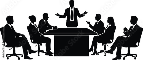 Silhouette of business meeting with leader presenting to team around table, corporate communication teamwork illustration for office, leadership, management, and professional collaboration