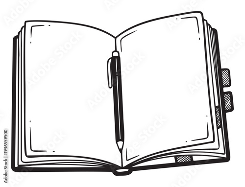 Open notebook with a pen in the middle ready for writing or drawing, perfect for educational resources, creative projects, or personal planning applications.