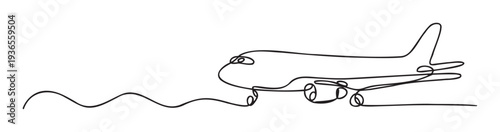 A sleek single continuous line drawing of an airplane in flight depicting global travel and adventurous journeys perfect for marketing transportation services or minimalist graphic