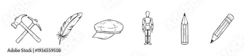 Compilation of essential items featuring working tools, writing implements, a stylish cap, and a wooden mannequin, ideal for showcasing craftsmanship, education, and inspiration in various