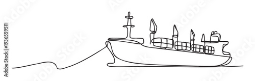 Simple single line artwork showcasing a freight vessel carrying shipping containers, suitable for global logistics company marketing, transportation sector infographics, or educational