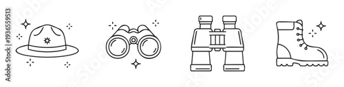 Discover the wilderness with essential outdoor exploration equipment including a ranger hat, various binoculars, and a sturdy hiking boot, perfect for travel guides and adventure themed