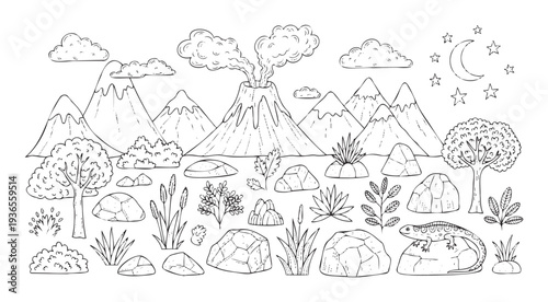 Dynamic natural landscape depicting an erupting volcano, towering mountains, varied flora, large rocks, and a lizard, suitable for engaging educational content and creative projects