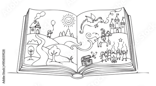 Open storybook with line drawing scenes of a rural home, a child, sun, dragon, castle, knight, treasure, and children dancing for educational or publishing material use.