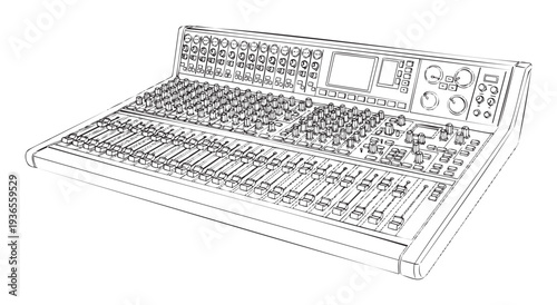 Detailed line drawing of a professional audio mixer console featuring numerous control knobs, sliding faders, and digital screens, suitable for music production, recording studio, and live