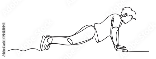 Dynamic continuous line drawing of a man performing a pushup, symbolizing strength and active lifestyle, perfect for health and fitness marketing campaigns or modern sport graphic