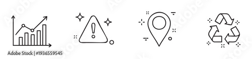 Collection of fundamental outline symbols featuring a data growth chart, an important alert signal, a map pin marker, and an ecological recycle logo, ideal for digital infographics and web