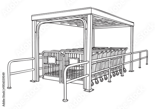 Retail store entrance with covered shopping cart storage facility and safety railings for customer convenience and organized merchandise handling, suitable for business and commercial