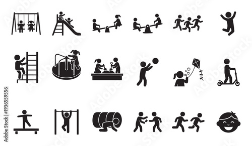 Children playing on a playground equipment set with kids swinging sliding climbing running jumping riding a scooter and engaging in various outdoor games and activities