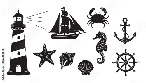 Collection of traditional black and white nautical themed graphic icons featuring a lighthouse, sailing ship, crab, anchor, and seashells ideal for ocean travel or maritime adventure designs