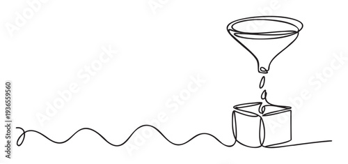 Continuous line illustration of a funnel pouring into a box, linked by a wavy line, symbolizing data input, processing, and output flow for business diagrams and information systems.
