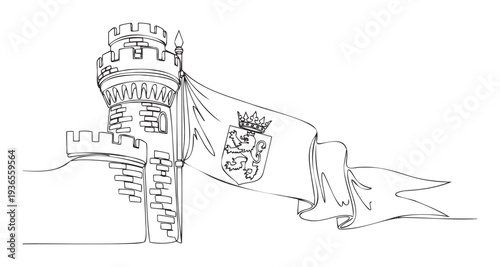 Dynamic continuous line drawing showcasing a formidable medieval castle tower alongside a gracefully flowing heraldic flag with a powerful crowned lion, suitable for historical branding or