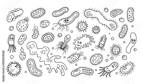 Engaging collection of various handdrawn microorganisms, including bacteria, viruses, and microbes, suitable for educational content, scientific communication, or childrens learning