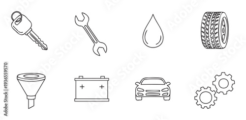 Comprehensive set of essential automotive repair and service outline icons representing car maintenance elements perfect for mechanic shop advertising and vehicle industry websites