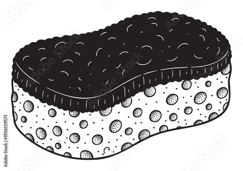 Black and white graphic rendering of a household cleaning sponge with detailed texture, ideal for hygiene product packaging, bathroom decor accents, or kitchen supply advertisements.