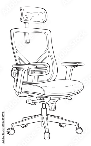 Detailed line drawing of a modern ergonomic office chair with a mesh backrest and adjustable features, ideal for professional office supply advertisements and interior design layouts.