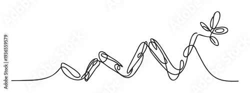 Abstract continuous line drawing portraying a winding upward path culminating in a symbolic leaf, ideal for conveying concepts of growth, progress, and ecological connection in various